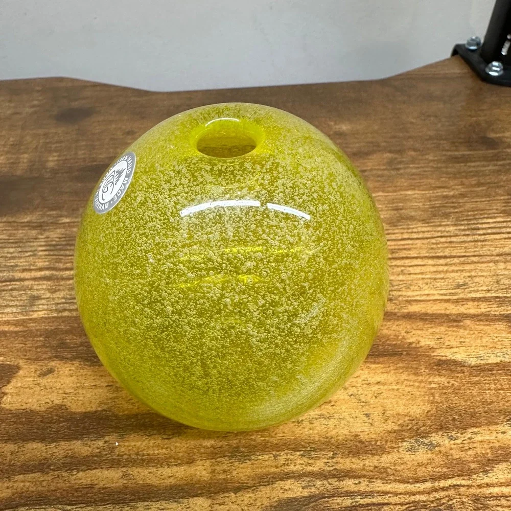 RBG Handmade Art Glass Bud Vase Yellow Green Seeded Bubble Sphere Vietnam